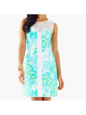 Lilly Pulitzer Sophia Shift Dress Lagoon Green Lace Detail Lined Sleeveless 6